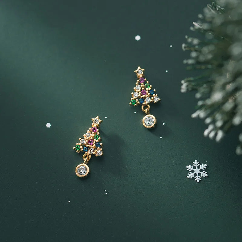 Fashion Jewelry 925 Sterling Silver Christmas Tree Star Colorful Diamond Gold Plated Stud Earrings Women Christmas Gifts