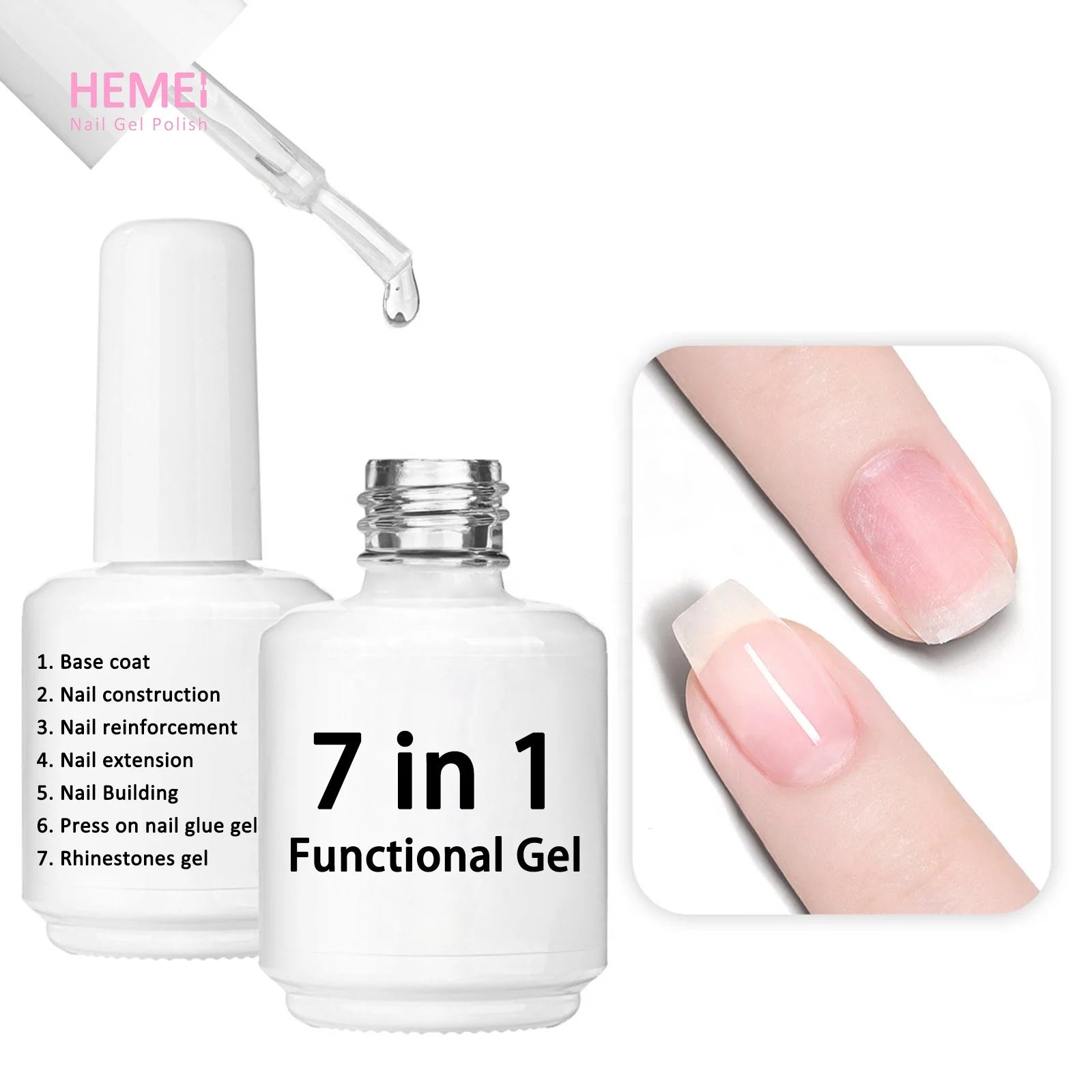 Factory Clear 7 in 1 Functional Gel Base Coat Nail Tip Builder Extension Rhinestone Glue Gel in a Bottle Long Lasting