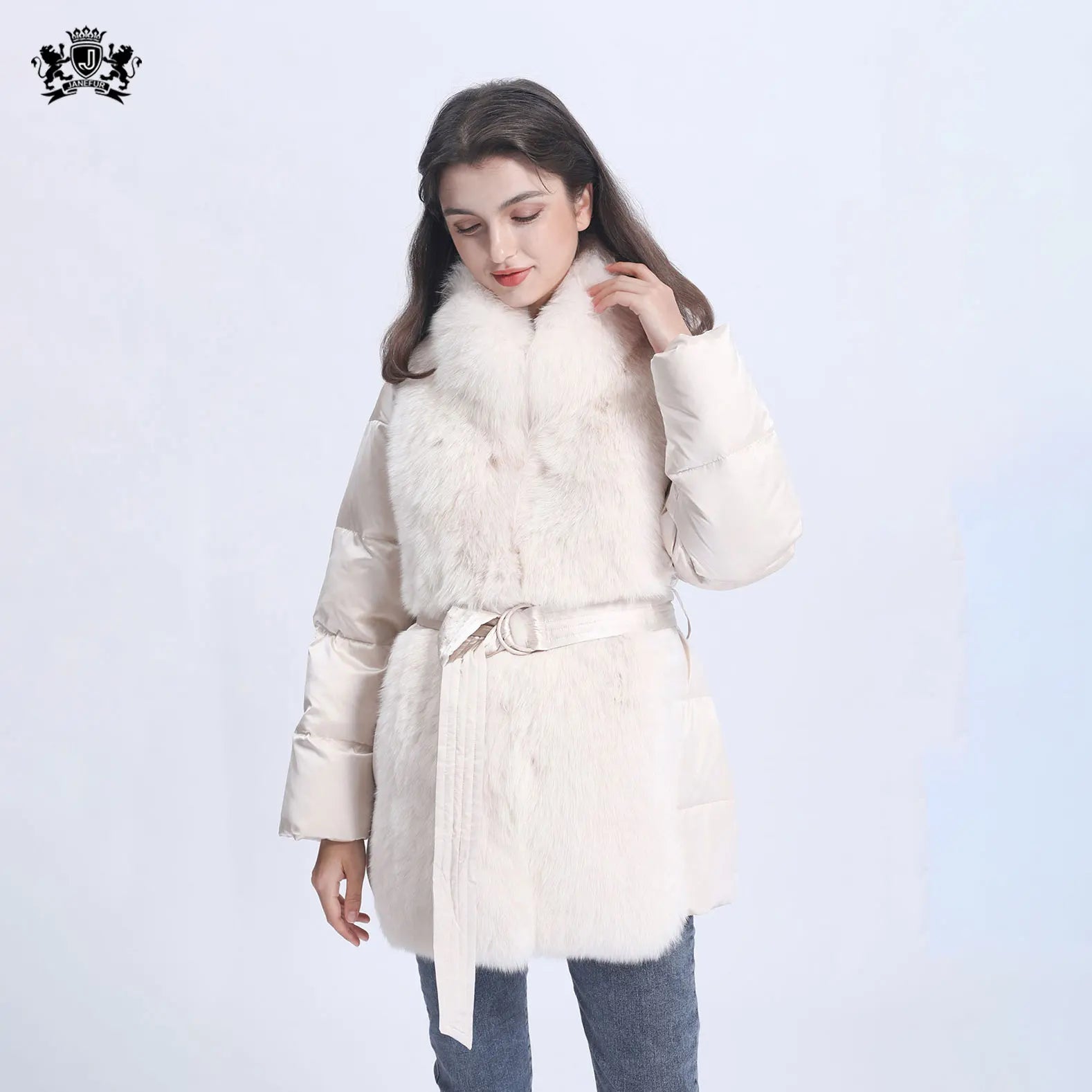 Janefur Ladies Winter Puffer Coats Warm Real Goose Down Jacket Fashion Women Bubble Fur Coat