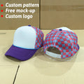 Two Tone Blank Puff Purple Foam 5 Panel Checkered Mesh Trucker Hat Baseball Caps with Custom logo and Snapback Buckle