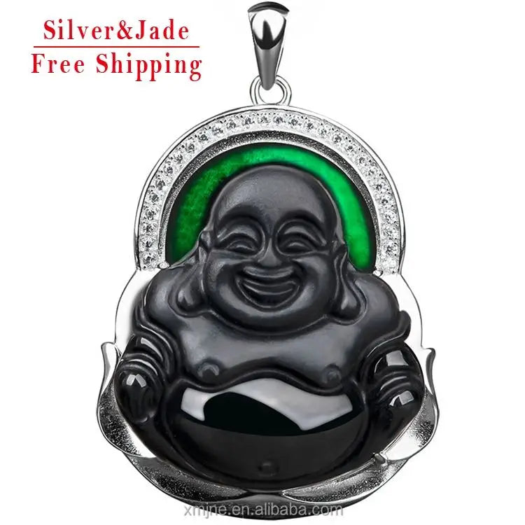 FS925 Silver Inlaid Natural Ink Jade Grade a Jadeite Ink Jade Buddha Male Green Jade Pendant Fashion Simple Ladies