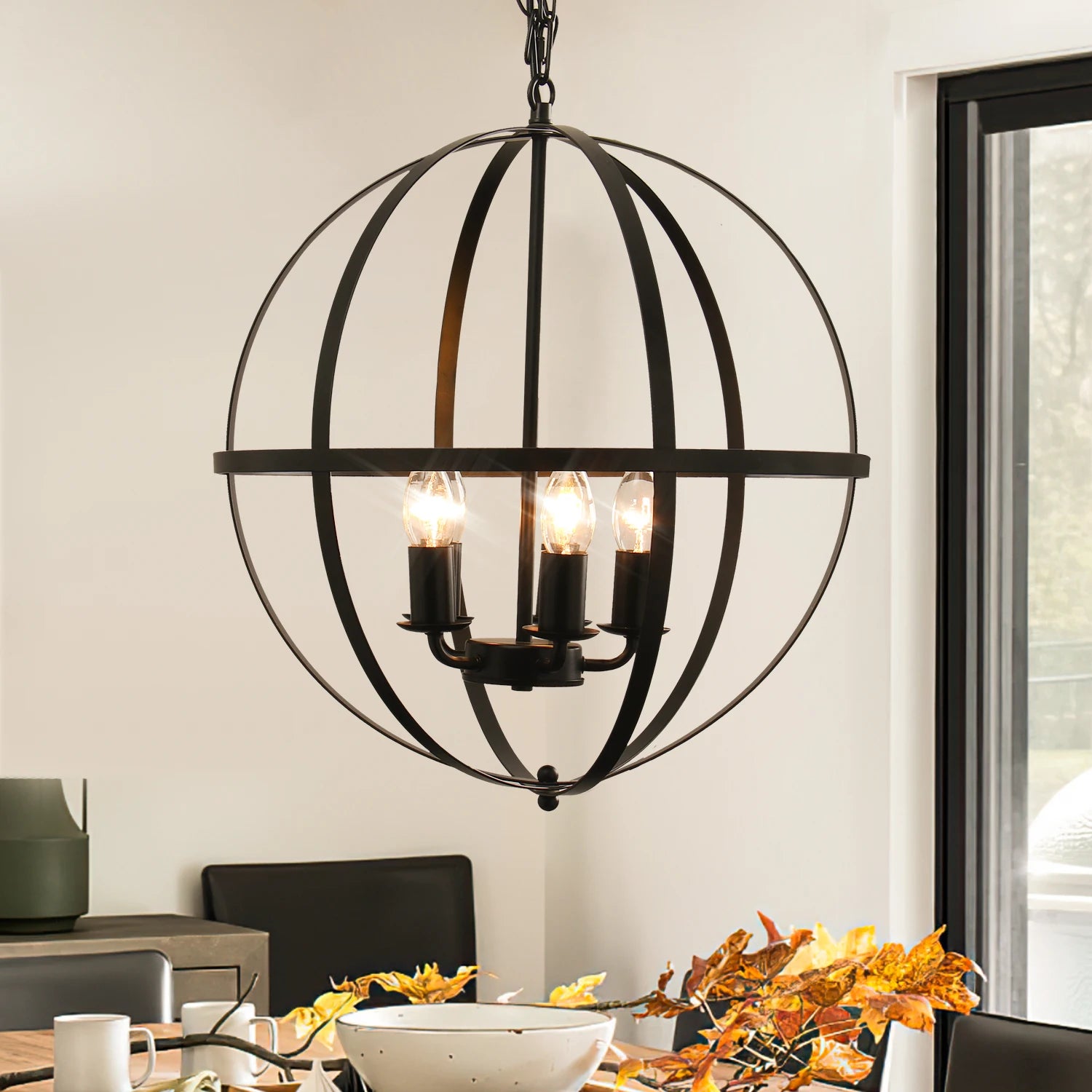 Industrial Pendant Light Flush Mount with Adjustable Chain5-Light Orb ChandeliersBlack Globe Chandelier Light Fixture