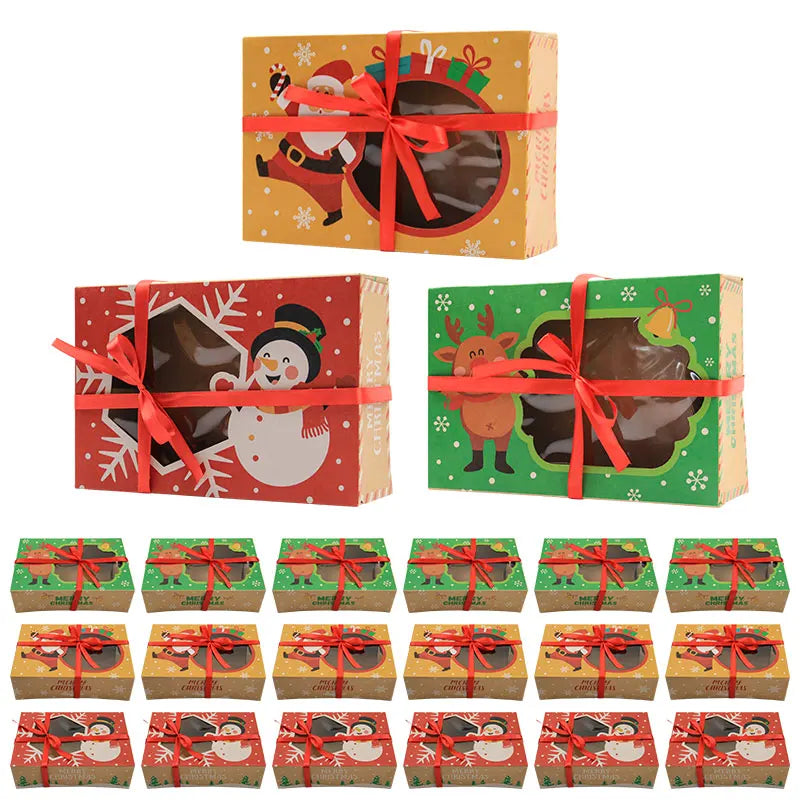 Christmas Doughnut Cookie Package Box with Window Xmas Holiday Party Favour Candy Treat Paper Box with Ribbon for Christmas Gift