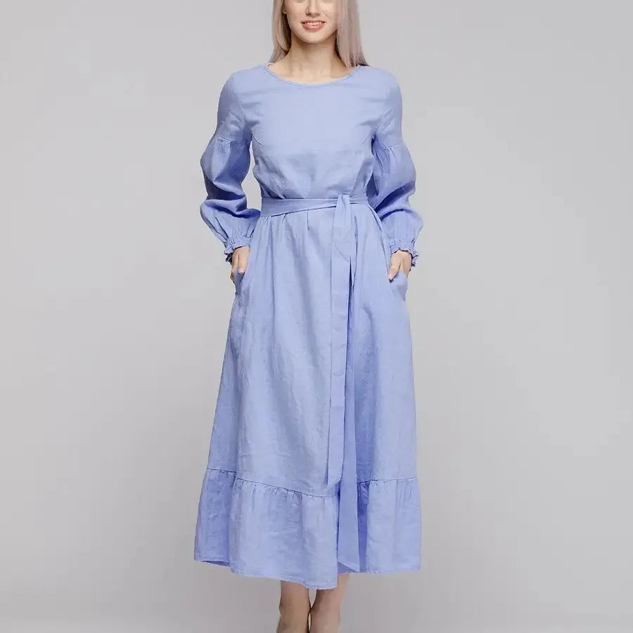 Enyami Retro Summer Dress Women's Sundress Ladies Casual Bohemian Short Sleeve Cotton Linen Long Solid Beach Dress
