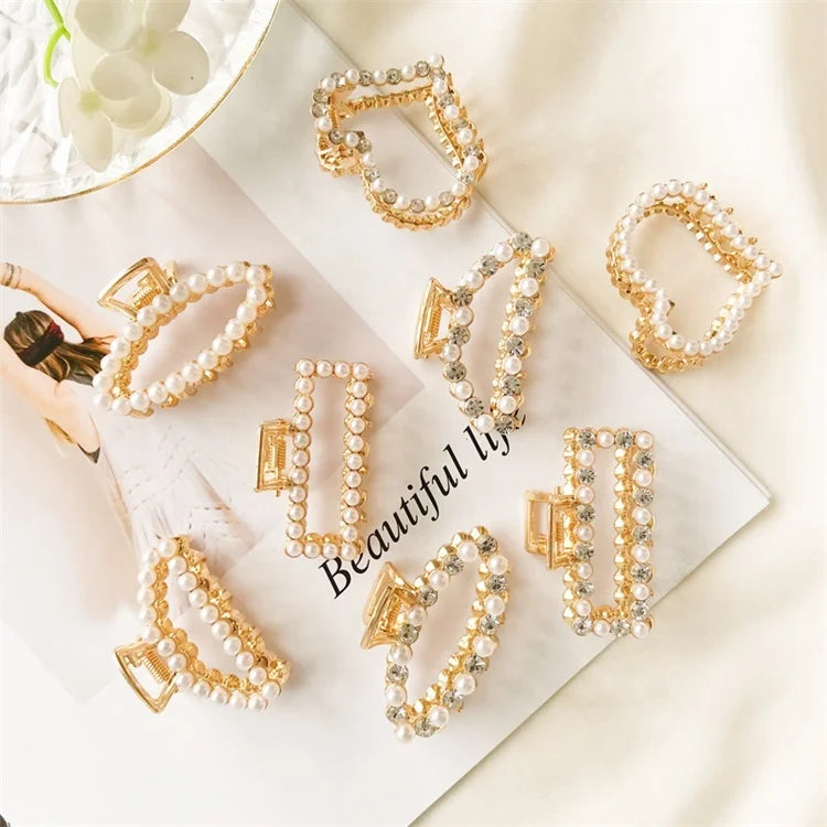 Hot Sale INS Trendy Alloy Ponytail Korean Hair Accessories Fashion Gold Rhinestone Pearl Metal Hair Claw Clips