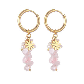 18K Gold Plated Stainless Steel Dangle Flower Charm Pink Irregular Natural Stone Woman Freshwater Pearl Earrings