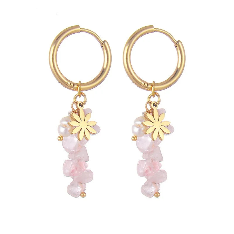18K Gold Plated Stainless Steel Dangle Flower Charm Pink Irregular Natural Stone Woman Freshwater Pearl Earrings