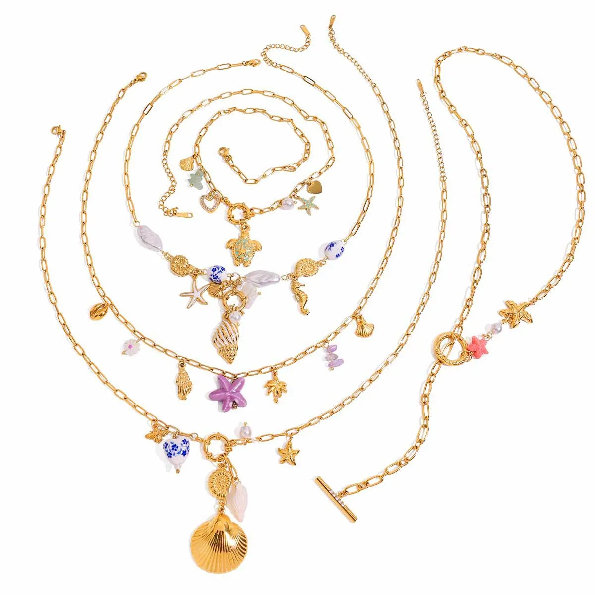 Ocean 18K Gold Plated Stainless Steel Colorful Necklace Starfish Shell Charm Necklace for Women Trendy for Holidays