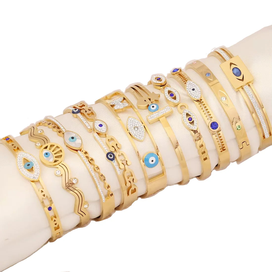 Duyizhao Gold Plated Stainless Steel Crystal Rhinestone Diamond Paved Turkish Eye Jewelry Women's Bracelet Bangle