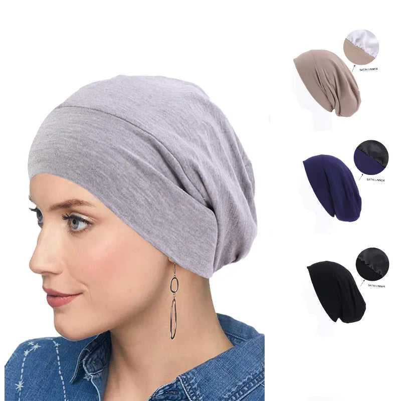 Wholesale Turban Chemotherapy Cancer Satin Lined Headwraps Double Layer Softy Chemo Cap Fashion Women Cotton Turban