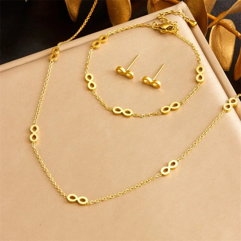 Simple Gold-plated Smooth Infinite Symbol Stainless Steel Necklace Earrings Bracelet Fashion Jewelry Set for Women