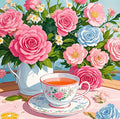 LS 5D DIY Camellia Rose Afternoon Tea Wall Art Decor Full Square Diamond Embroidery Mosaic Rhinestone 3D Diamond Painting Flower