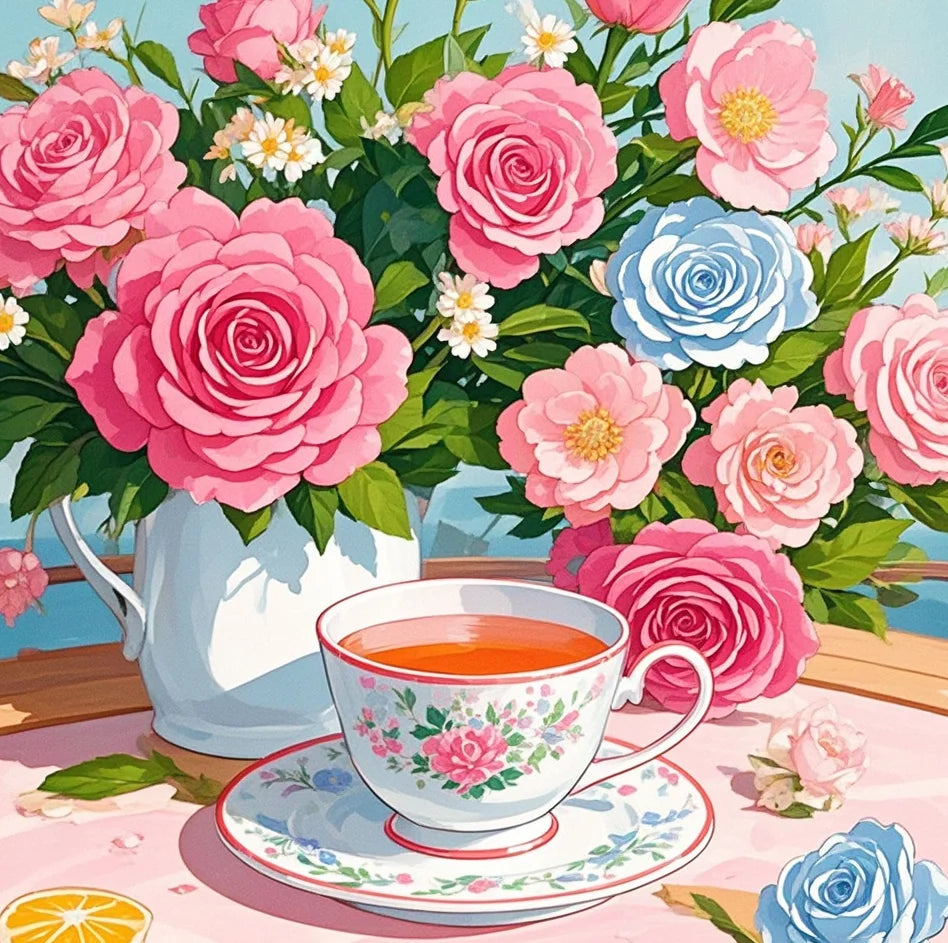 LS 5D DIY Camellia Rose Afternoon Tea Wall Art Decor Full Square Diamond Embroidery Mosaic Rhinestone 3D Diamond Painting Flower