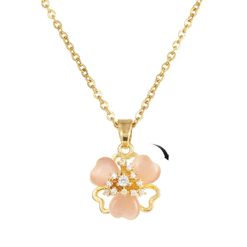 Minimalist Stainless Steel Chain Jewelry Set Fidget Cat's Eye Flower Heart Jewelry Set Rotatable Green Flower Jewelry Set