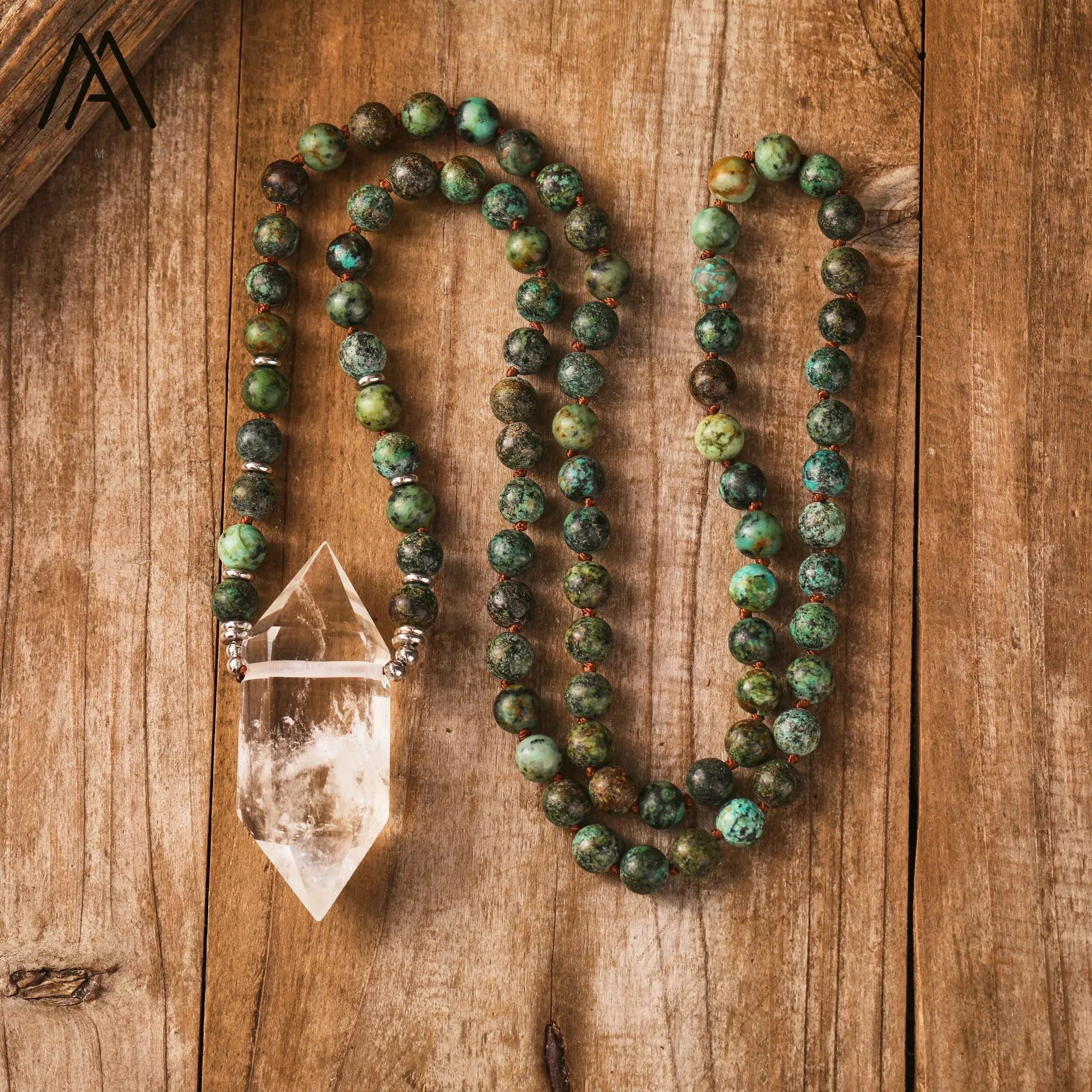 Natural African Turquoise Handmade Yoga Necklace Clear Crystal Chakra Quartz Double Point Mala Necklace Prayer Jewelry