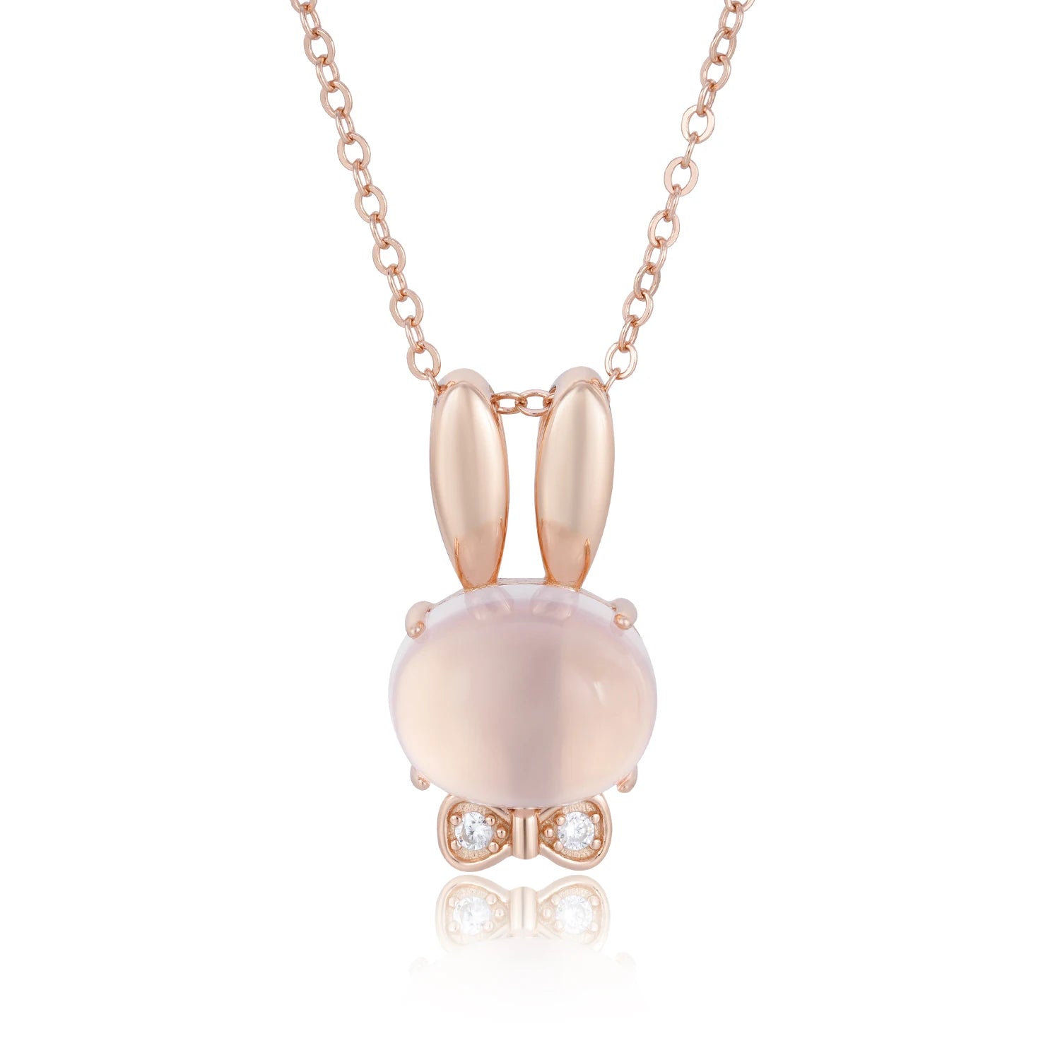 YBO Rose Gold Plated Rabbit Bowknot Pendants Trendy Natural Pink Quartz Gemstone Charm Necklaces for Wedding Engagement Party