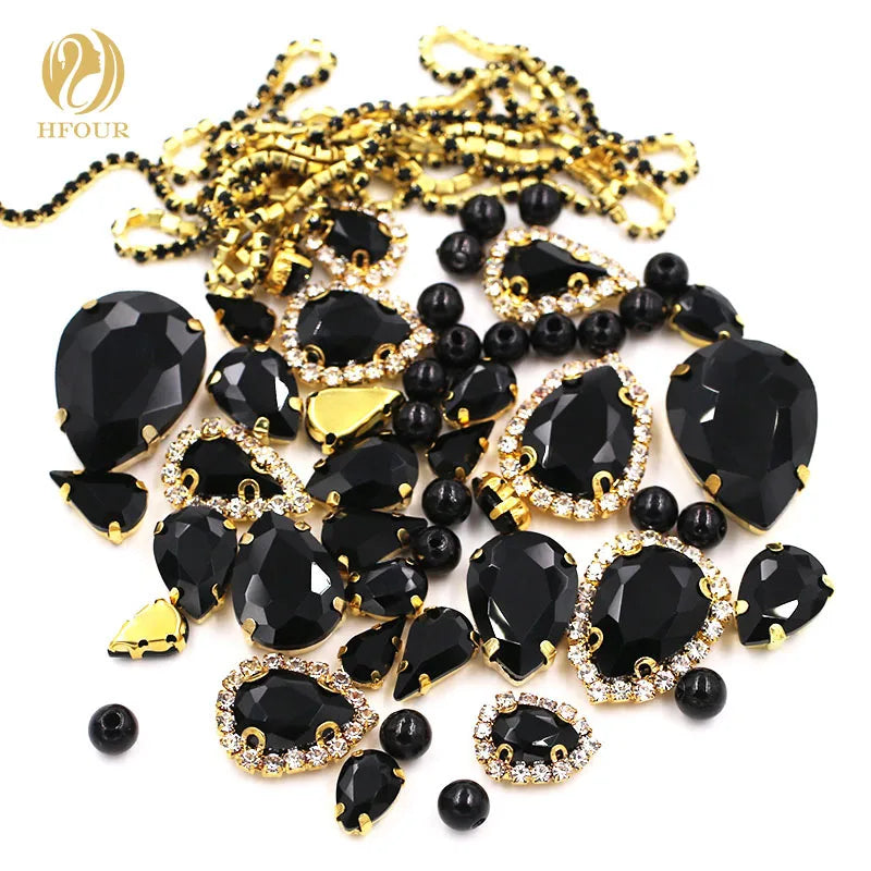 Hot Sale  Black  Mixed   Crystal Rhinestones  Cup Chain and Pearls   for DIY
