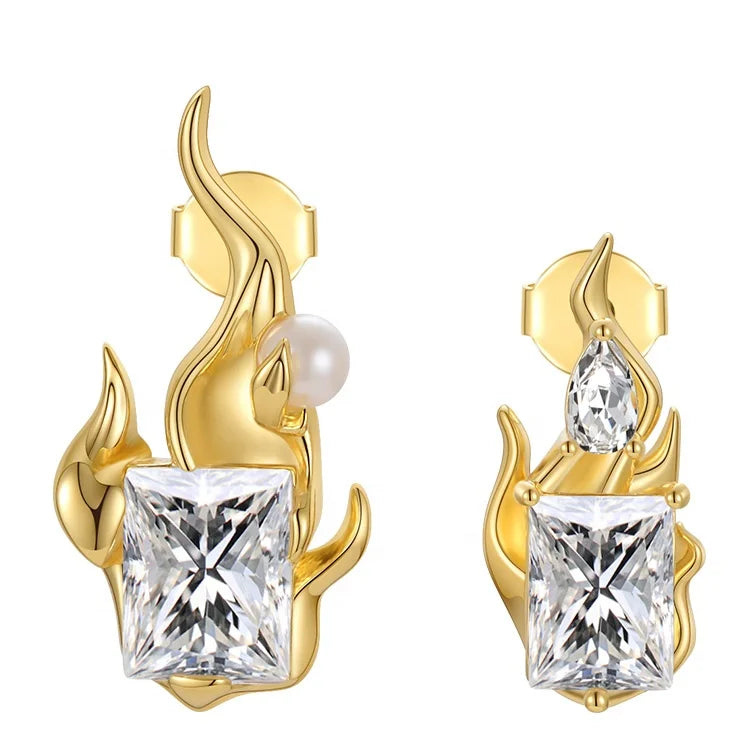 High Quality 18K Gold Plated Brass Jewelry Irregular Flame Zircon Studs Accessories Earrings E211290