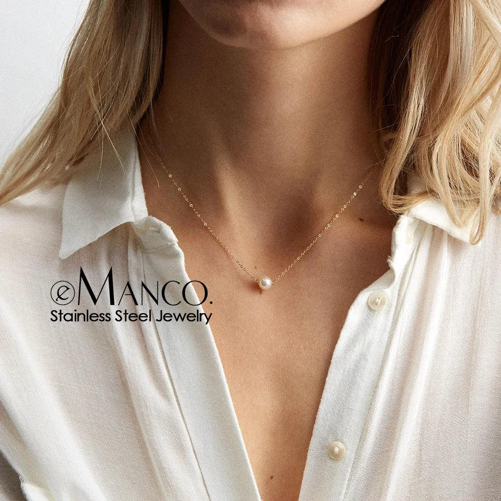 EManco Trendy Stainless Steel Link Chain Pendant Choker Necklace with White Pearl for Women Anniversary Occasion Gold Plated