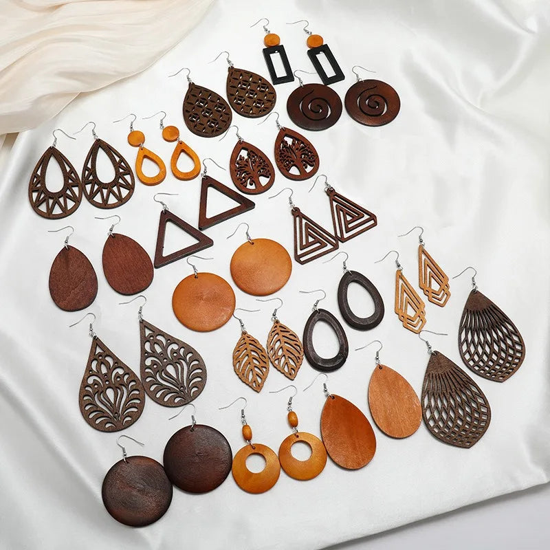 Wholesale Boho Style Hollow Out Wooden Statement Drop Earrings Fashion Wood Drop Dangle Earrings for Women Men Girls
