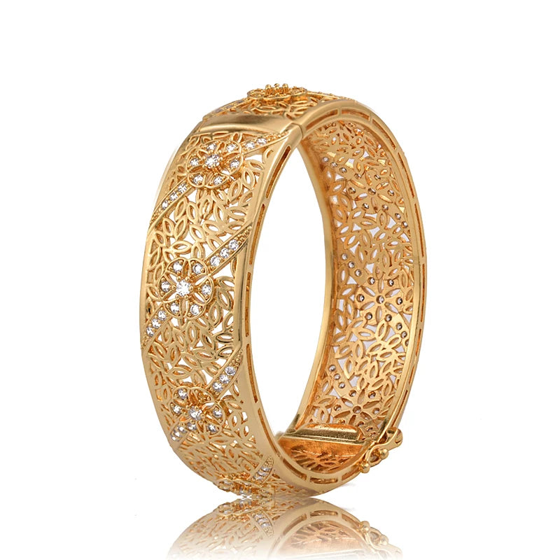 Vintage Women Gold Bangles Latest Designs Dubai Cubic Zirconia Bangles Jewelry 18k Gold Plated Bridal Bangle Bracelet for Women