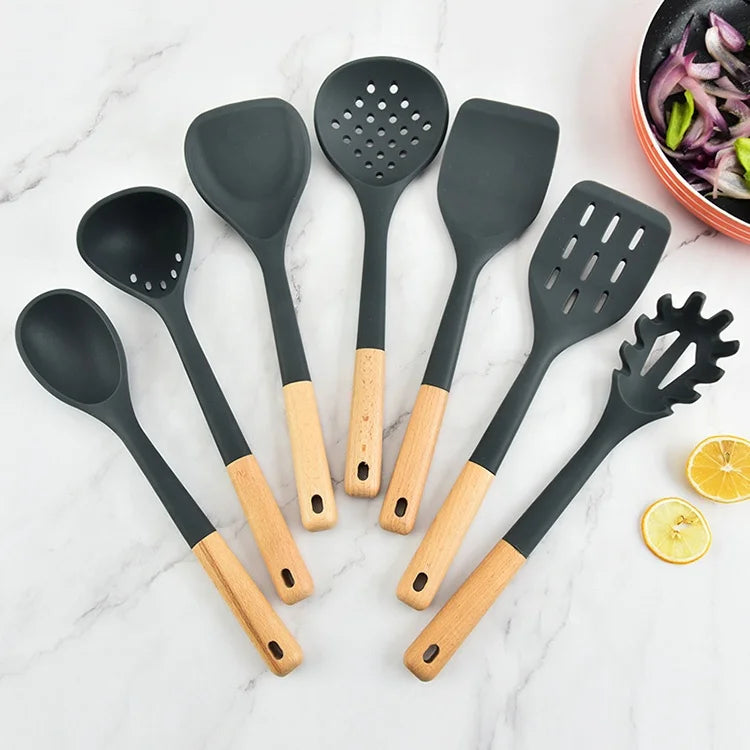 7-piece Set Wooden Handle Silicone Cookware Kitchen Cooking Spoon Spatula Utensils