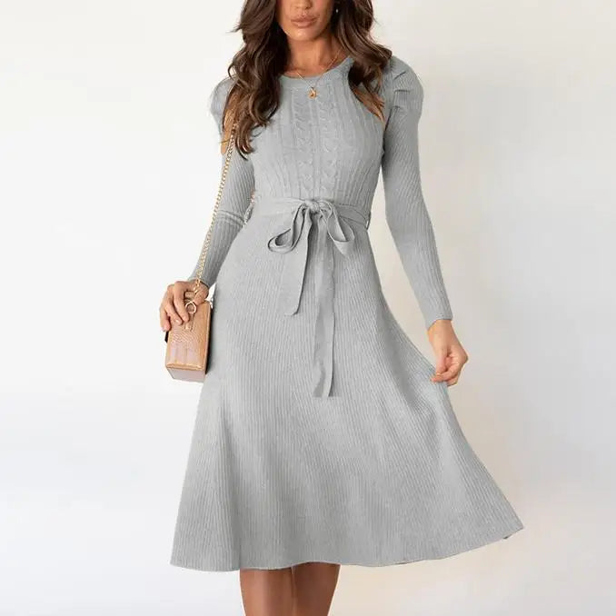 S-XXL Autumn/Winter Bubble Long Sleeve Knitted Skirt Mid Length High Waist Large Swing Dress With Bottom Coat