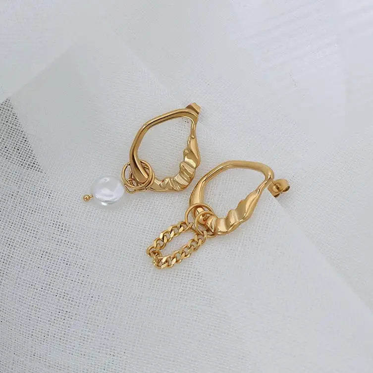Wholesale stainless steel irregular stud 18k gold plated rope chain geometric hoop pearl earrings boucle doreille bijoux