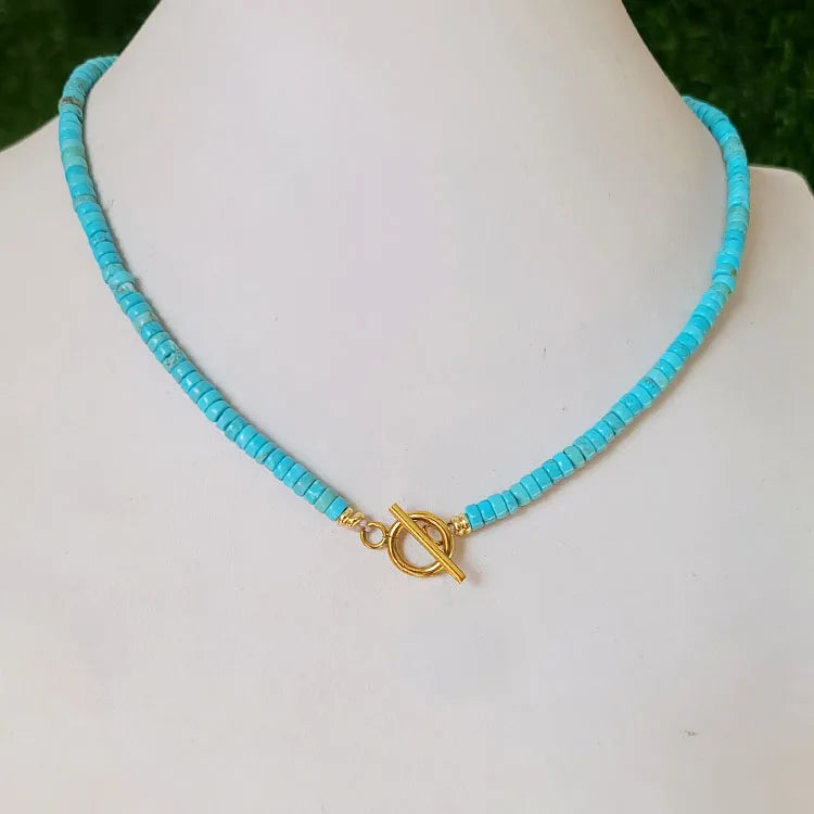 NN1140 Natural Blue Turquoise Heishi Beaded Choker Waterproof 18K Gold Plated Stainless Steel Toggle Clasp Necklace