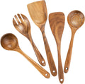 Eco-Friendly Teak Wood Utensils Set for Cooking Includes Spatula for Nonstick Cookware 5-Piece Kitchen Tools