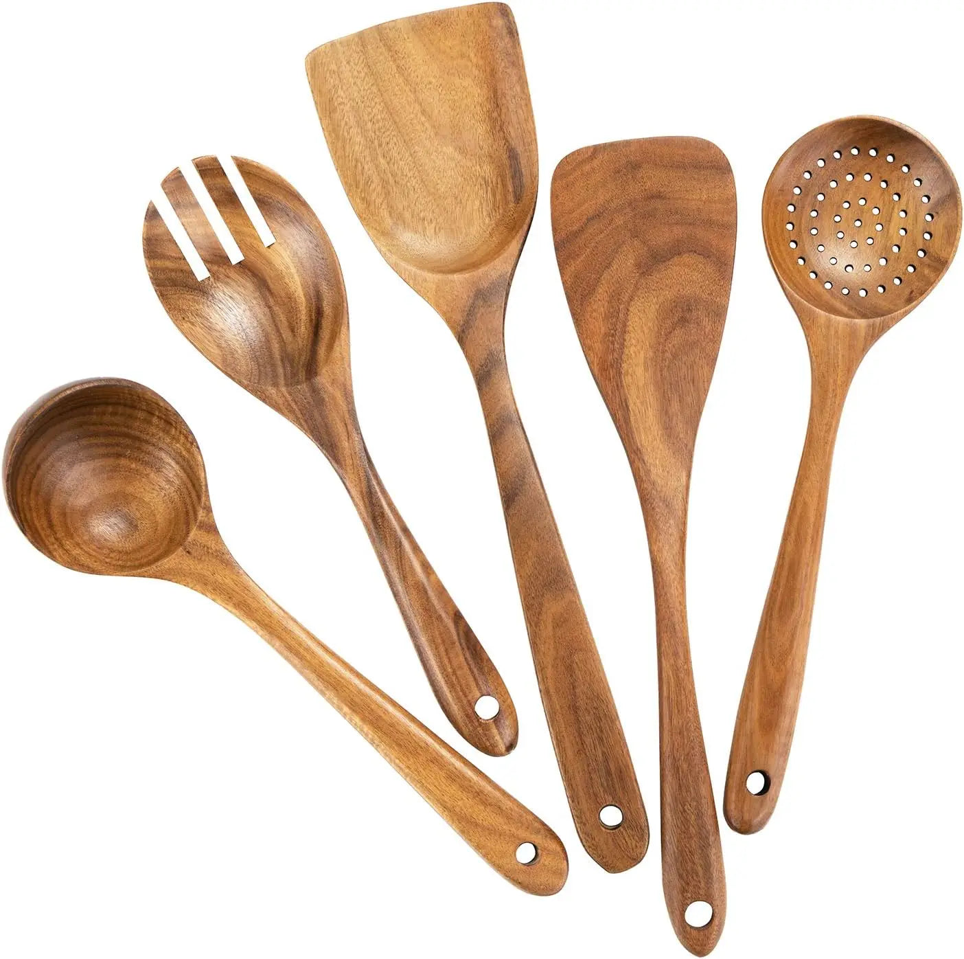 Eco-Friendly Teak Wood Utensils Set for Cooking Includes Spatula for Nonstick Cookware 5-Piece Kitchen Tools