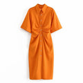 Women Chic Fashion Button-up Draped Midi Shirt Dress Vintage Short Sleeve Side Zipper Female Dresses Vestidos