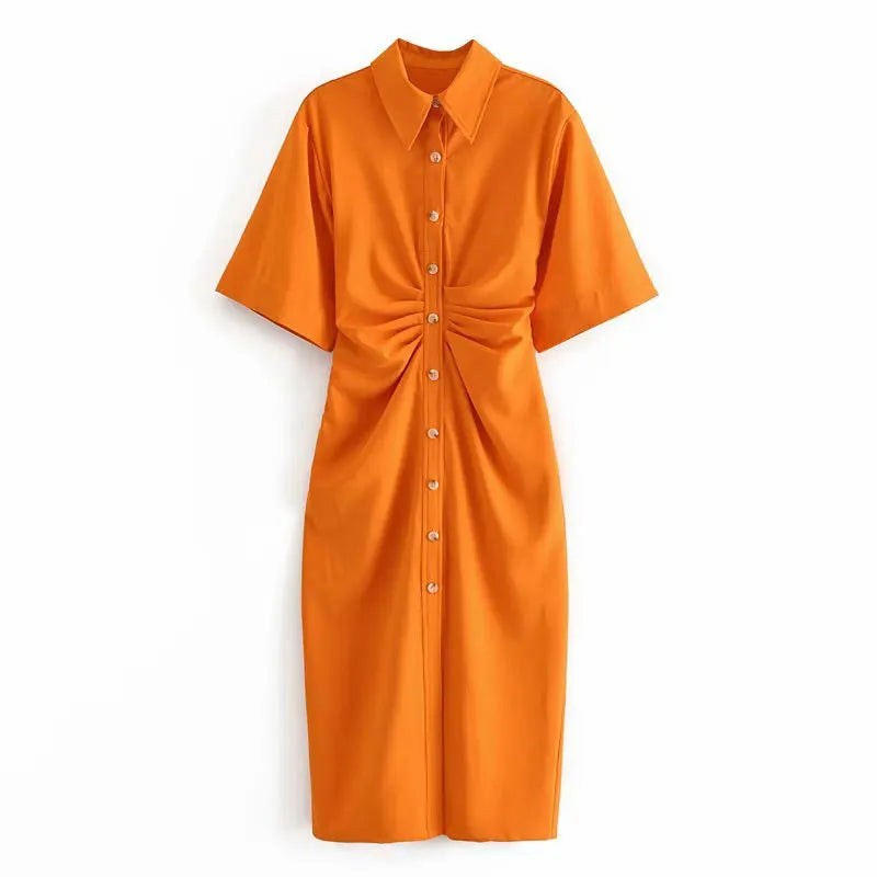 Women Chic Fashion Button-up Draped Midi Shirt Dress Vintage Short Sleeve Side Zipper Female Dresses Vestidos
