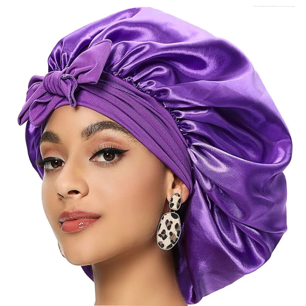 Wholesale Leshang Women's Custom Logo Satin Double Layered Reversible Four Seasons Hair Bonnet Silk Cap with Ties Band 58-60cm
