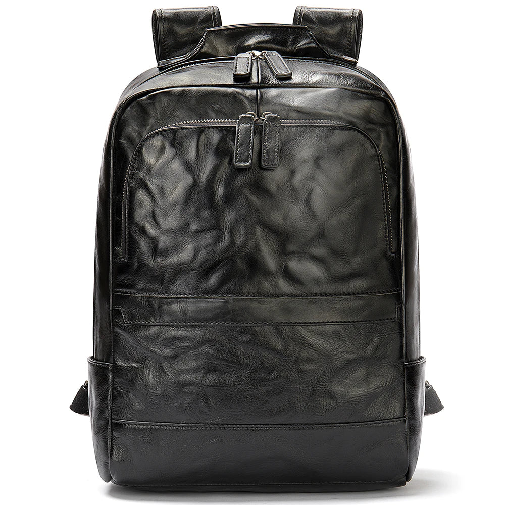Genuine Leather Casual Large Capacity Men Laptop Backpacks Black Leisure Daypack Travel Backpacks Bag for Traveling