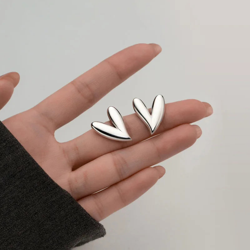 925 Sterling Silver Geometric Big Smooth Heart Stud Earrings for Women Jewelry Gifts