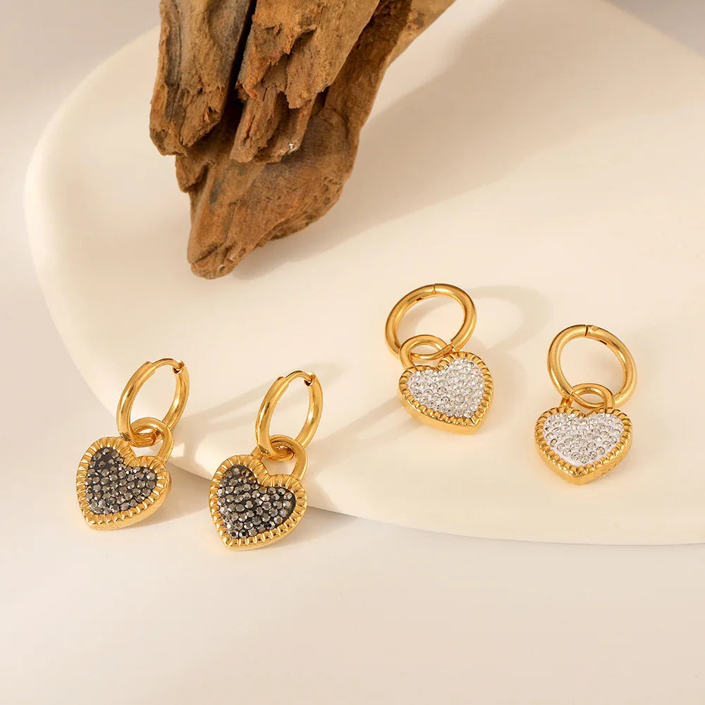 French Style Gold Plated Stainless Steel Crystal Heart Earrings Titanium Steel Micro Pave Zirconia Heart Drop Earring