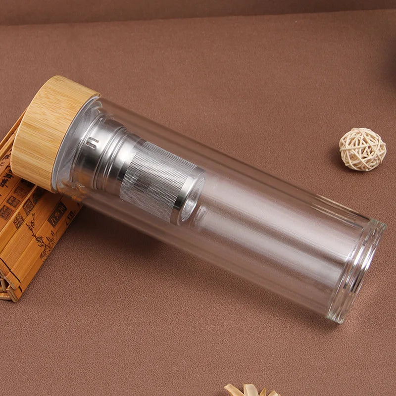 Promotional BPA FREE Glass Water Bottle with Wood Tea Tumbler Matcha Shaker Glass Loose Leaf Tea Infuser Bottle with Bamboo Lid