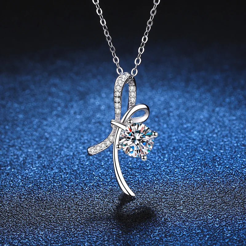 Silver 925 Original 1 Carat Brilliant Cut Diamond Test Past D Color Moissanite Bowknot Shape Pendant Necklace Women Fine Jewelry