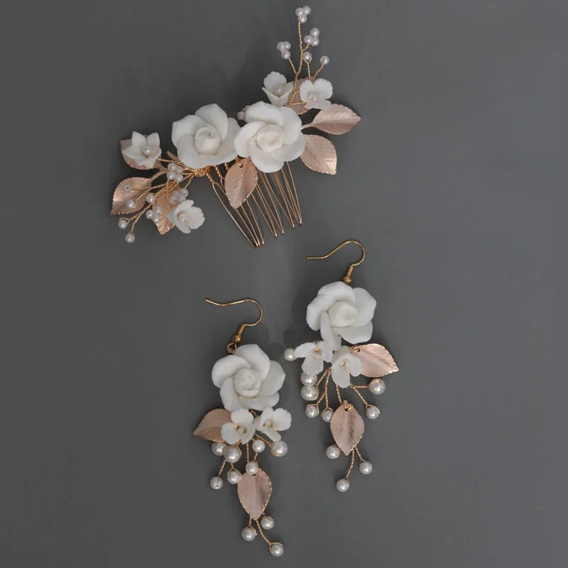 SLBRIDA Handmade Ins Baroque Style Alloy Leaf Ceram Flower Pearls Bridal Hair Comb Earring Set Wedding Bridesmaids Women Jewelry