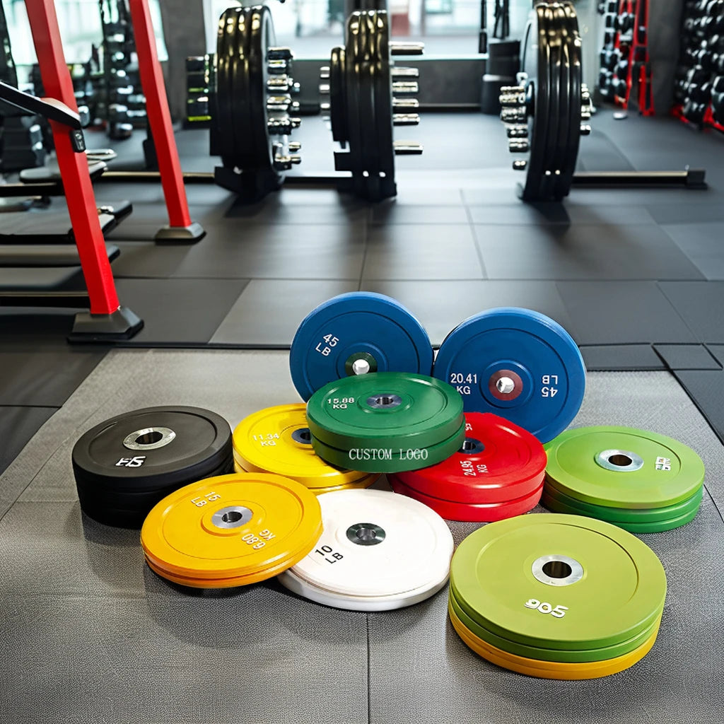 China Colorful Weightlifting Bumper Plates Rubber Coated 5/10/15/20/25kg Commercial Use Fitness Gym Equipment Full Set