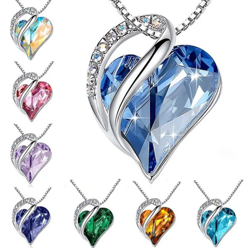 Retro Classic Heart of the Ocean Necklace Plated White Gold Love Heart Shape Crystal Birthstone Necklace for Women Jewelry Gifts