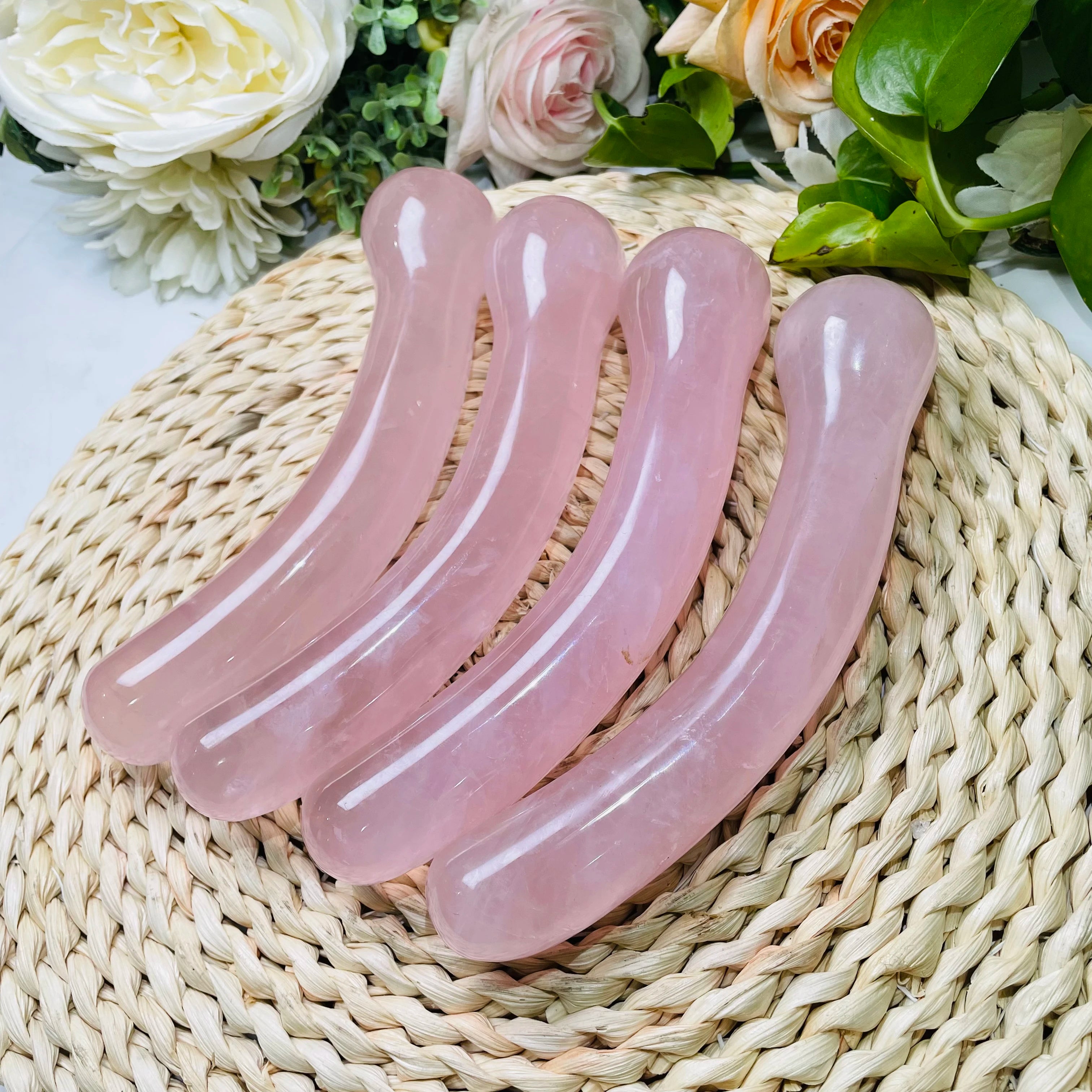 Wholesale Natural Rock Rose Crystal Stone Carved Bent Wands Circle Head Rose Quartz Crystal Stone Massager
