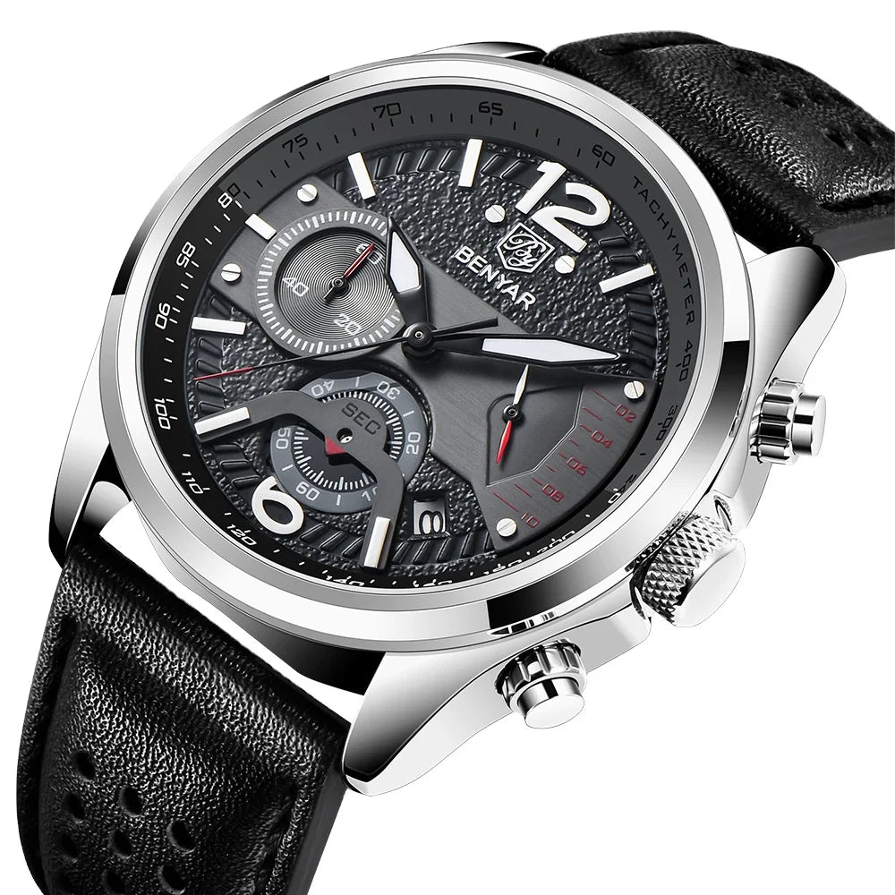 Benyar Watch 5171 Man WristWatch Chronograph Calendar Sport Men Watch Top New Luxury Black Genuine Leather Male Clock Gift