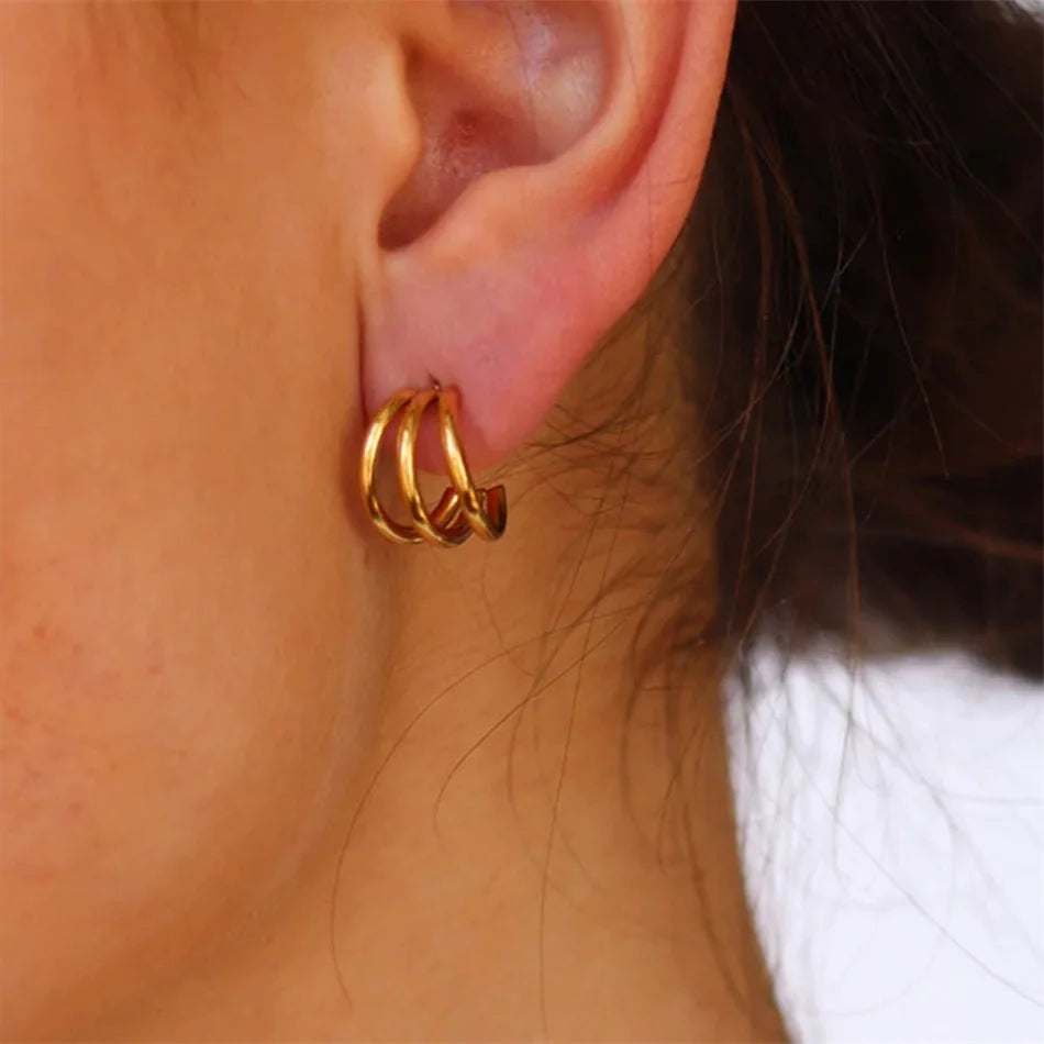 EManco NEW Needle Hoop Earrings Three Row Simply Design Classic Metallic Earrings for Women Gift