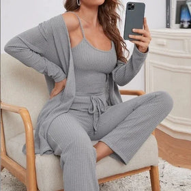 2024 Hot Selling European and American Home Clothing Women's Waffle Knitted Suspender Top Pants Robe Pajamas Three Piece Set