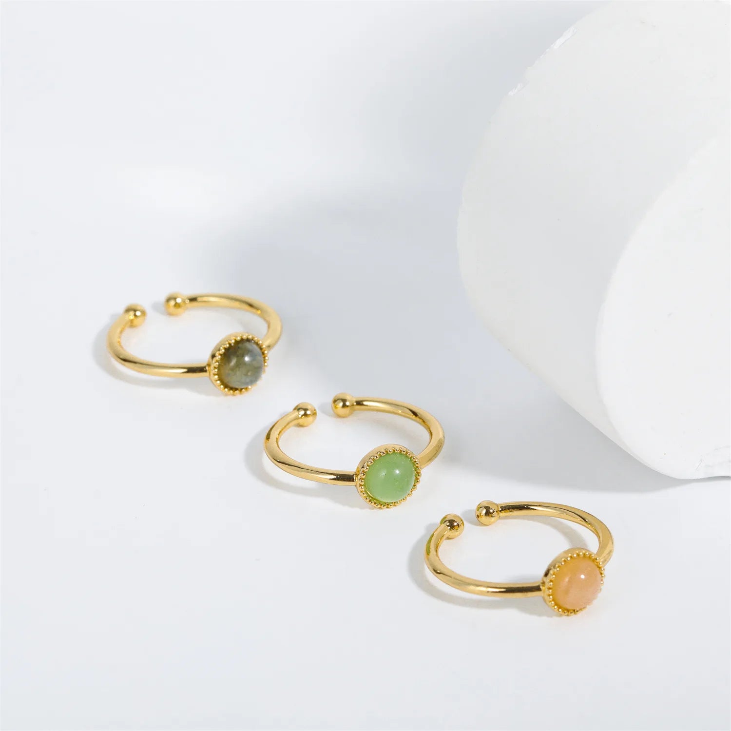 Vintage Brass Adjustable Ring Round Green Quartz Pink Crystal Rings Natural Blue Agate Finger Ring for Women