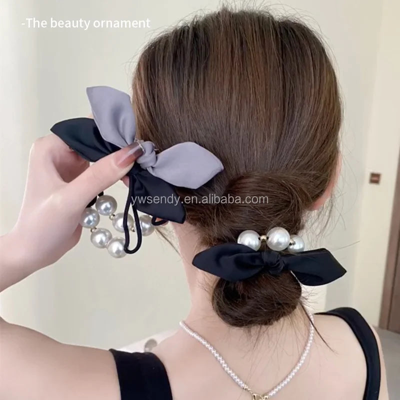 Korean Trend Summer Pearls Bow Elastic Hair Ties Simple Elegant Women Hair Accessories Ponytail Rubber Bands