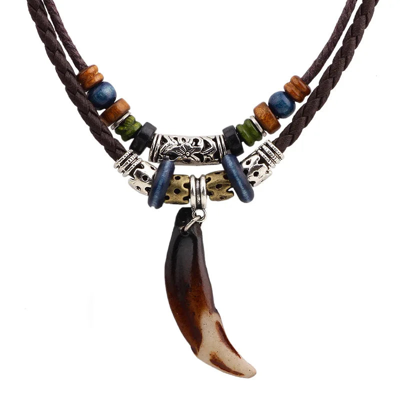 Vintage Tribal Style Handmade Double Layered Braided Tooth Pendant Necklace Wood Beads Leather Necklace Wholesale