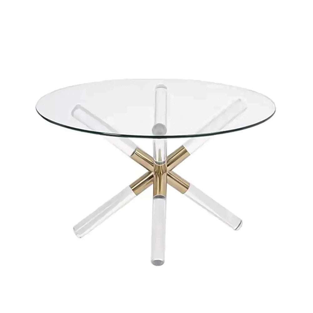 Modern Clear Acrylic Coffee Table with Round Glass Top and Stainless Steel for Home Office or Living Room Furniture
